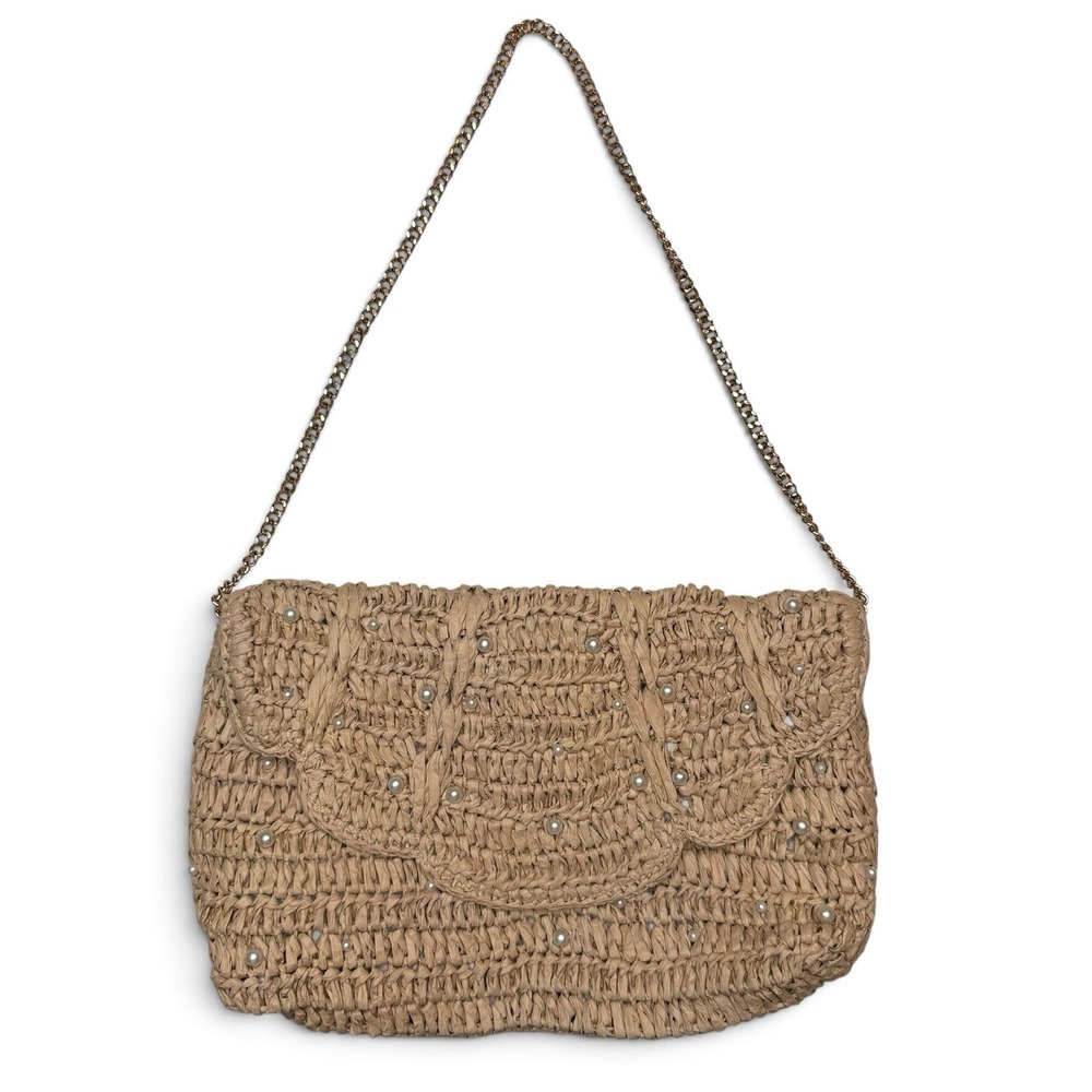 NWOT J.Crew Raffia Straw Small 9 x 6" Purse or Clutch Bag Pearls Gold Chain
